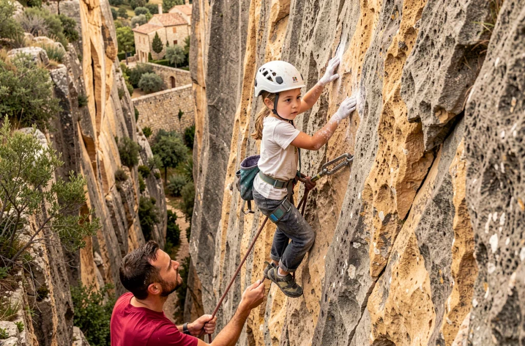 Jeune fille en baudrier grimpant sur une paroi rocheuse calcaire naturelle encadrée par un moniteur lors du stage escalade Kids à Touët-sur-Var