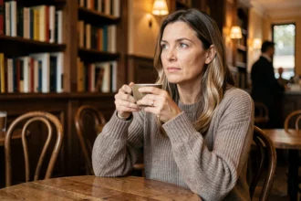 Femme pensive dans un café parisien, illustrant la question de la vie privée d'une personnalité publique