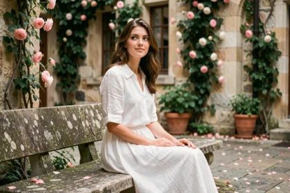Jeune femme pensive en robe blanche assise dans une cour ancienne entourée de roses grimpantes, évoquant l'étymologie du prénom Juliette et les thèmes de jeunesse et d'amour
