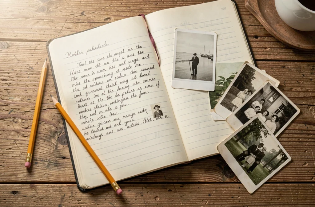 Un carnet de souvenirs ouvert avec des photos anciennes et un crayon