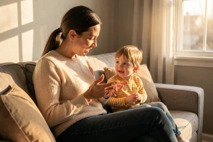 Un parent raconte un souvenir d'enfance à son enfant sur un canapé